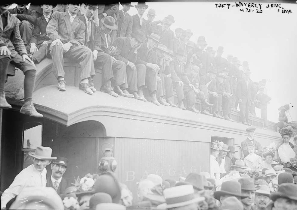 Main Streets & Town Squares, history of Iowa, Iowa History, Families, Library of Congress, dress up, Civic Engagement, crowd, Iowa, Cities and Towns, Train Stations, Children, train car