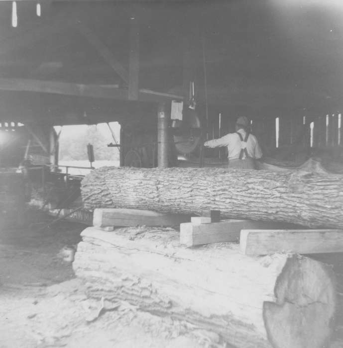 Morris, Lola, Iowa, sawmill, lumber, Barns, log, suspenders, Cedar Falls, IA, Labor and Occupations, history of Iowa, log mill, Iowa History