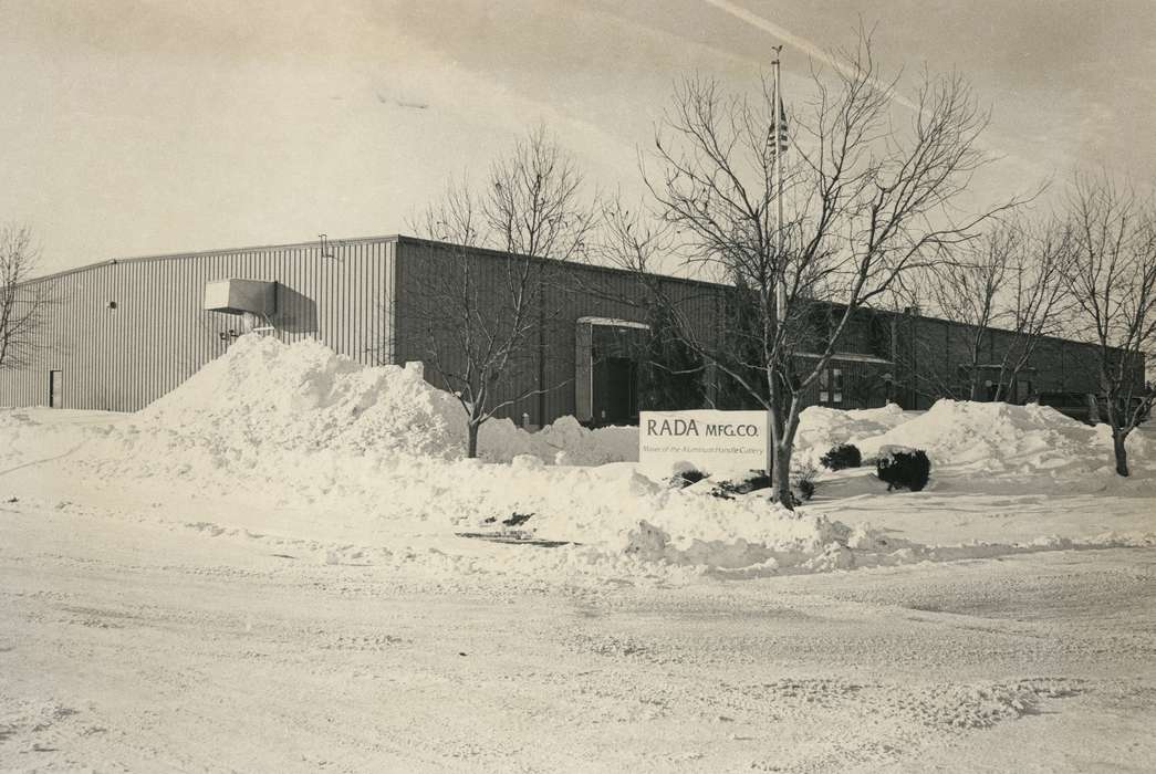 aluminum, siding, manufacturing, Winter, tree, Waverly Public Library, cutlery, Iowa, snow, history of Iowa, Iowa History, american flag, Businesses and Factories, Waverly, IA