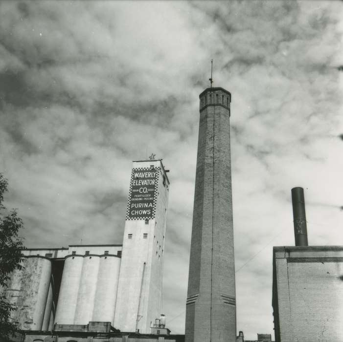 grain elevator, history of Iowa, Iowa History, clouds, building exterior, smokestack, Iowa, Cities and Towns, Waverly Public Library, skyline