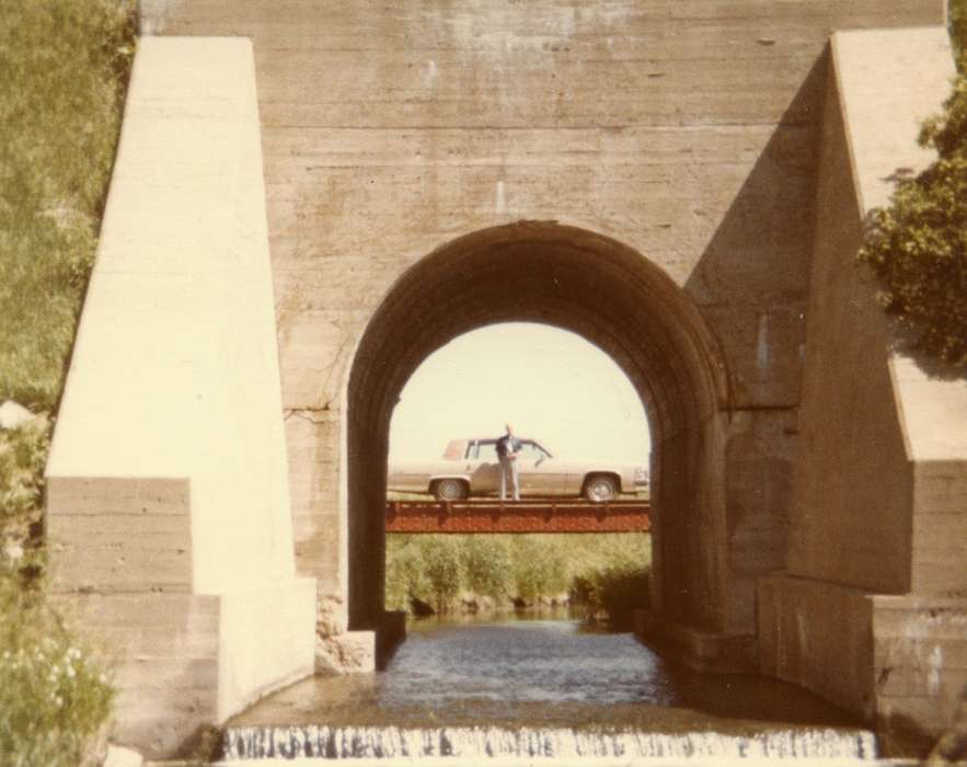 Stewart, Phyllis, Portraits - Individual, bridge, car, Coalville, IA, Iowa, Motorized Vehicles, Iowa History, coupe deville, cadillac, history of Iowa, waterfall