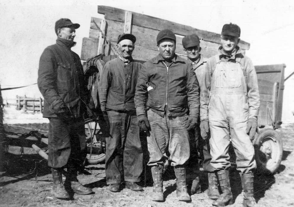 Portraits - Group, worker, Farming Equipment, gloves, mud, history of Iowa, Iowa History, jacket, Urbandale, IA, boots, wagon, McLaughlin, Angie, Iowa, Farms, overalls, hat, Labor and Occupations