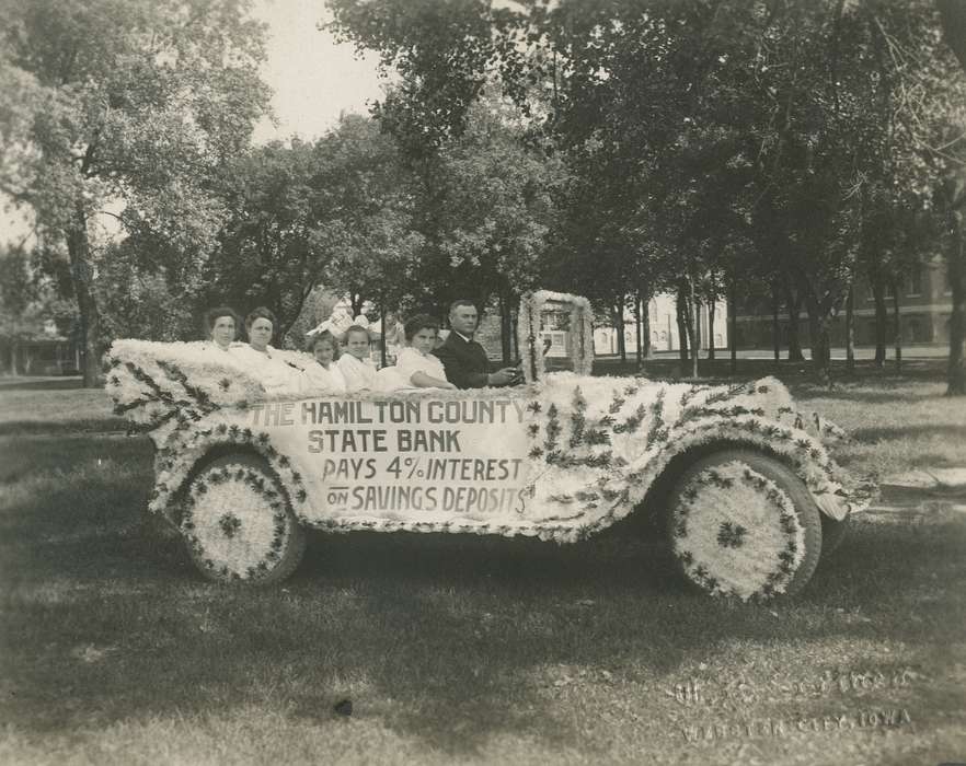 parade float, history of Iowa, Motorized Vehicles, McMurray, Doug, Iowa, Webster City, IA, Iowa History, Portraits - Group