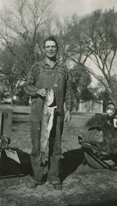 history of Iowa, Iowa History, Webster City, IA, Animals, fish, fishing, Iowa, McMurray, Doug, walleye, overalls, Portraits - Individual