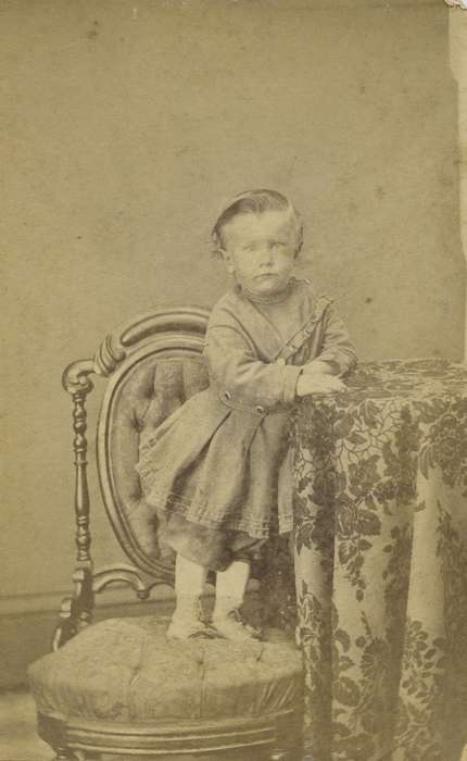 boy, carte de visite, Iowa, child, chair, Children, table cloth, Marion, IA, Olsson, Ann and Jons, Portraits - Individual, dress, knickers, history of Iowa, Iowa History