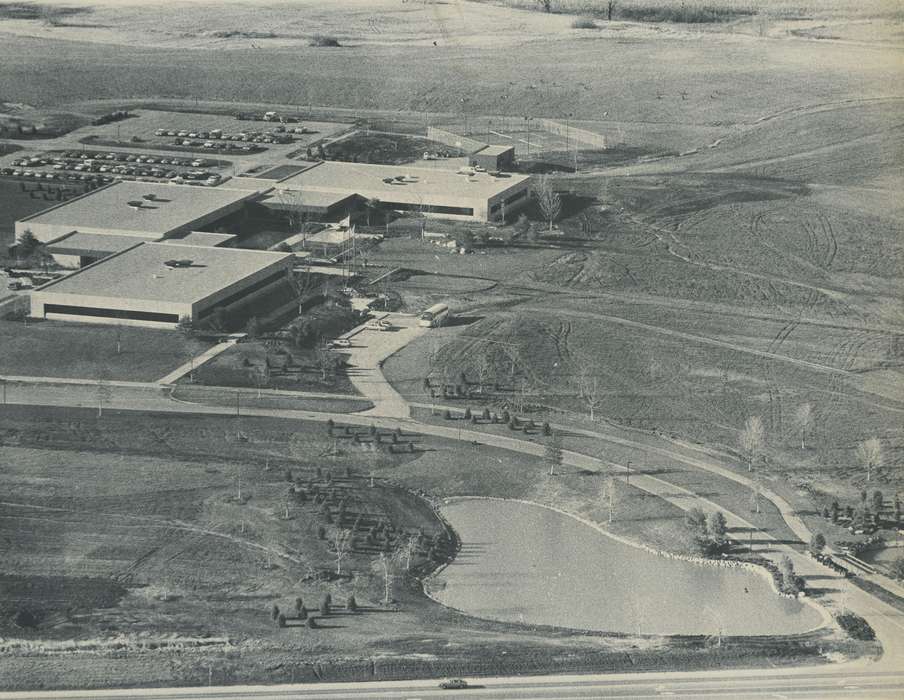 history of Iowa, Iowa History, car park, field, Lakes, Rivers, and Streams, car, parking lot, Waverly, IA, building, pond, Aerial Shots, Iowa, tree, correct date needed, Waverly Public Library
