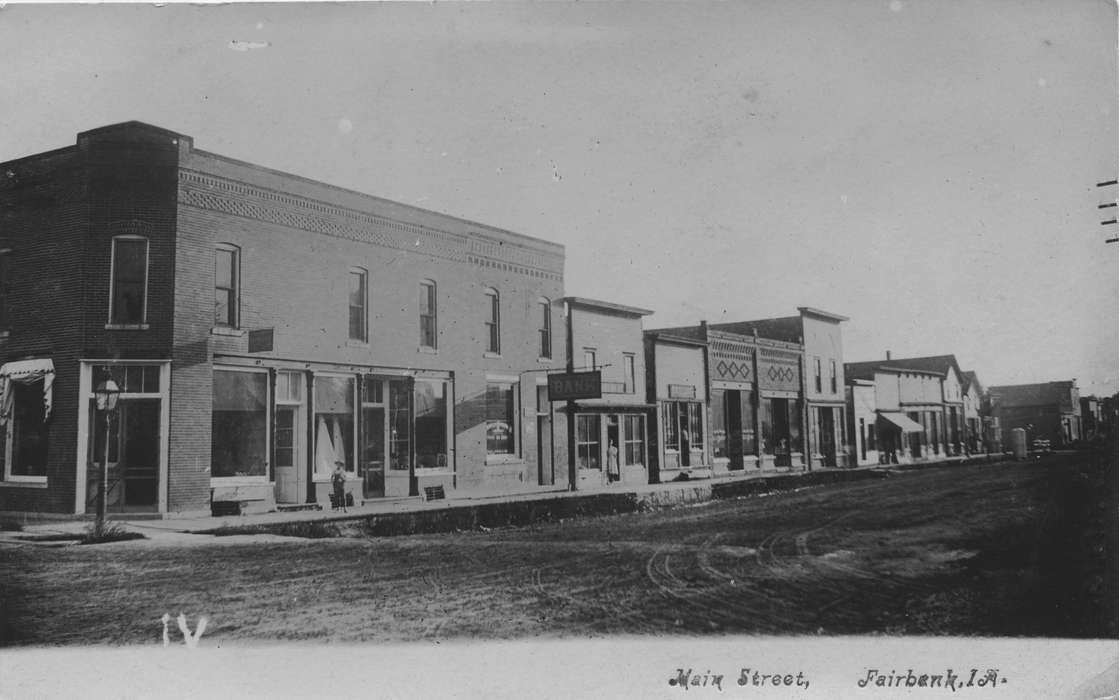 Iowa, dirt street, storefront, lamppost, King, Tom and Kay, Fairbank, IA, Cities and Towns, street, history of Iowa, Main Streets & Town Squares, Iowa History