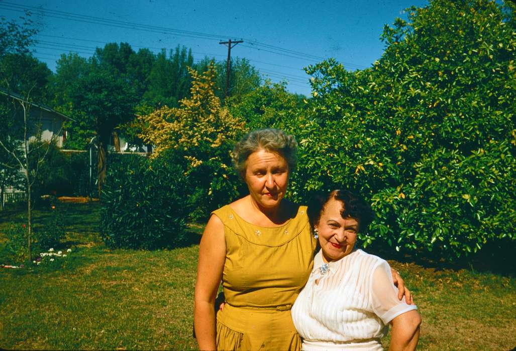 Portraits - Group, Iowa, Harken, Nichole, bush, history of Iowa, dress, yard, brooch, Iowa History