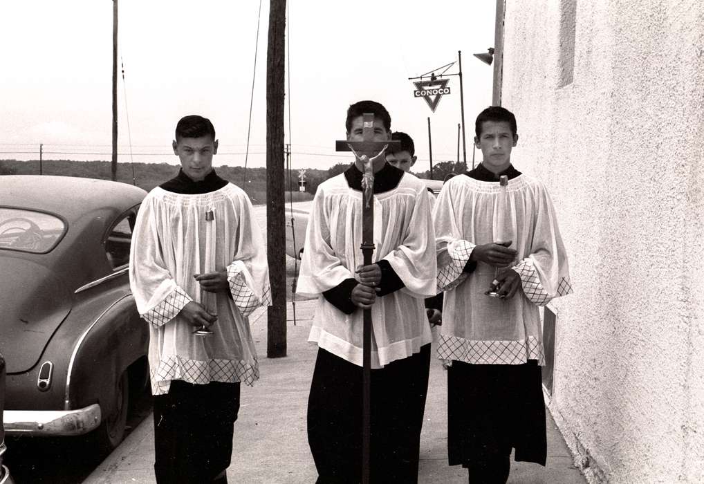 Portraits - Group, cross, candle, Numa, IA, car, Iowa History, Iowa, Motorized Vehicles, Lemberger, LeAnn, altar boy, Children, Religion, history of Iowa, sign