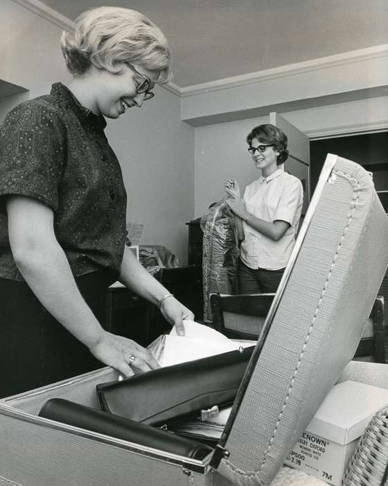 Cedar Falls, IA, history of Iowa, Iowa History, uni, suitcase, clothes, glasses, UNI Special Collections & University Archives, Iowa, state college of iowa, Schools and Education, university of northern iowa