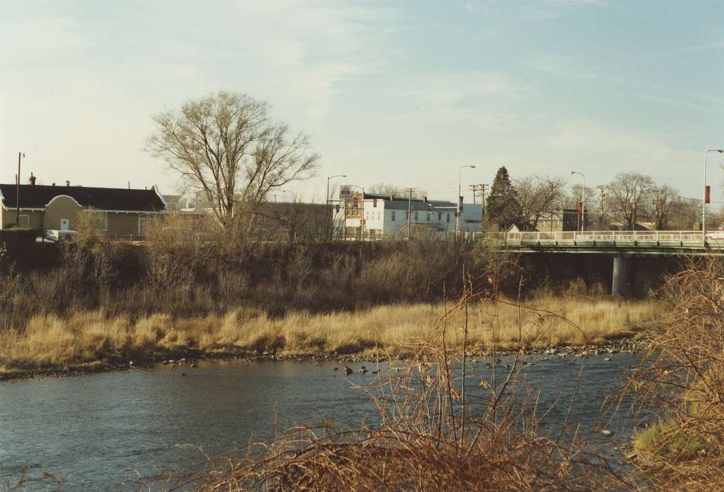 landscape, bridge, Iowa History, history of Iowa, Businesses and Factories, store, Lakes, Rivers, and Streams, Waverly, IA, cedar river, depot, Iowa, Landscapes, Train Stations, Waverly Public Library