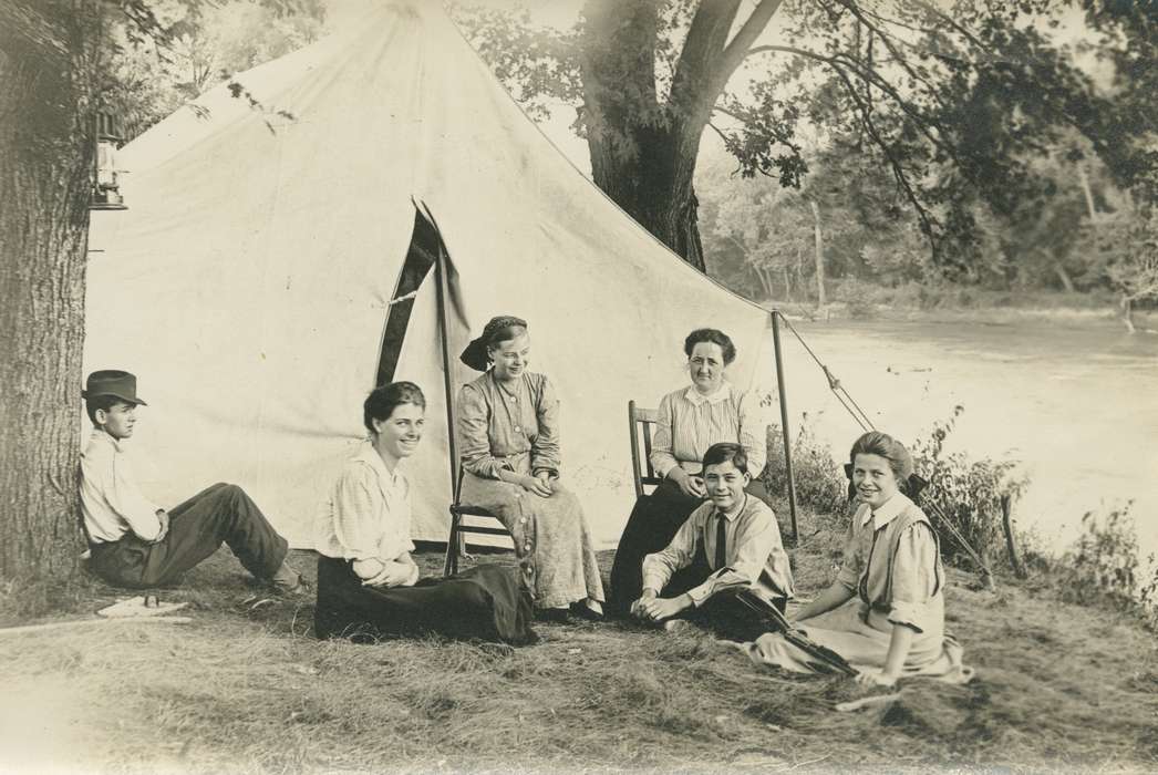 Portraits - Group, IA, Iowa, tent, Leisure, Lakes, Rivers, and Streams, history of Iowa, Adam, Susan, Iowa History