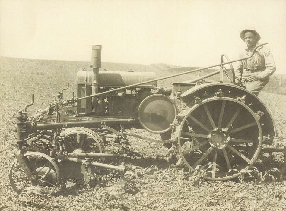 history of Iowa, farms, Motorized Vehicles, Farms, farmer, Stewart, Phyllis, Iowa, field, Otho, IA, Portraits - Individual, cornfield, Iowa History, john deere, Farming Equipment, tractor