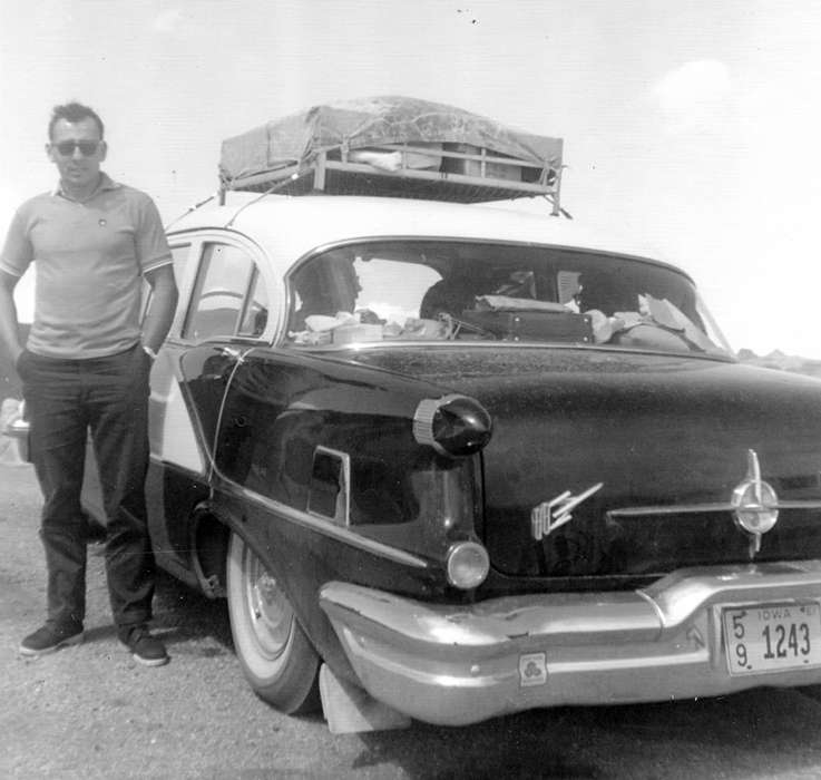 suitcase, sunglasses, Portraits - Individual, oldsmobile, car, baggage, Iowa, Motorized Vehicles, automobile, Iowa History, McLaughlin, Angie, Travel, oldsmobile 88, history of Iowa, Urbandale, IA