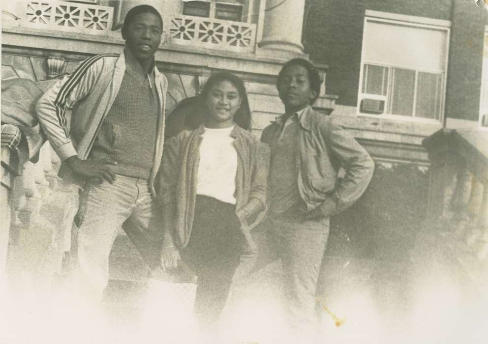 Portraits - Group, high school, Iowa, Barrett, Sarah, Waterloo, IA, Schools and Education, Children, polo shirt, african american, People of Color, zip-up jacket, history of Iowa, friends, Iowa History