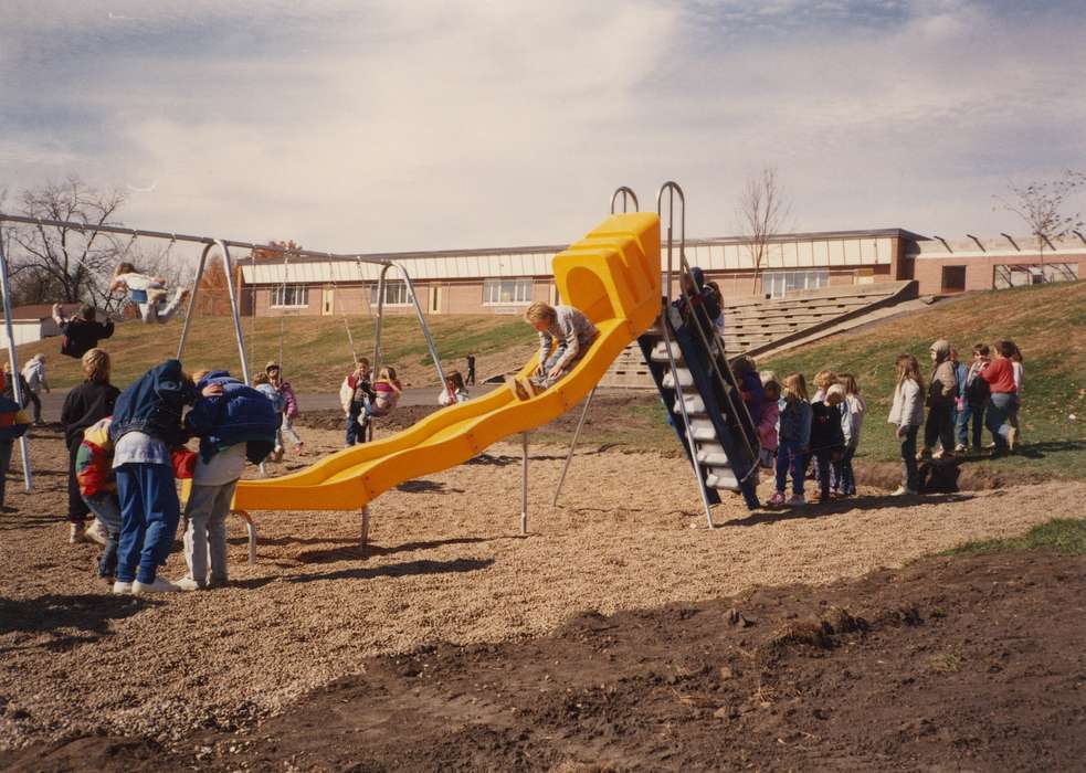 Children, history of Iowa, Waverly Public Library, Iowa, playground, Outdoor Recreation, slide, Iowa History, Schools and Education, swing set, playing, Shell Rock, IA