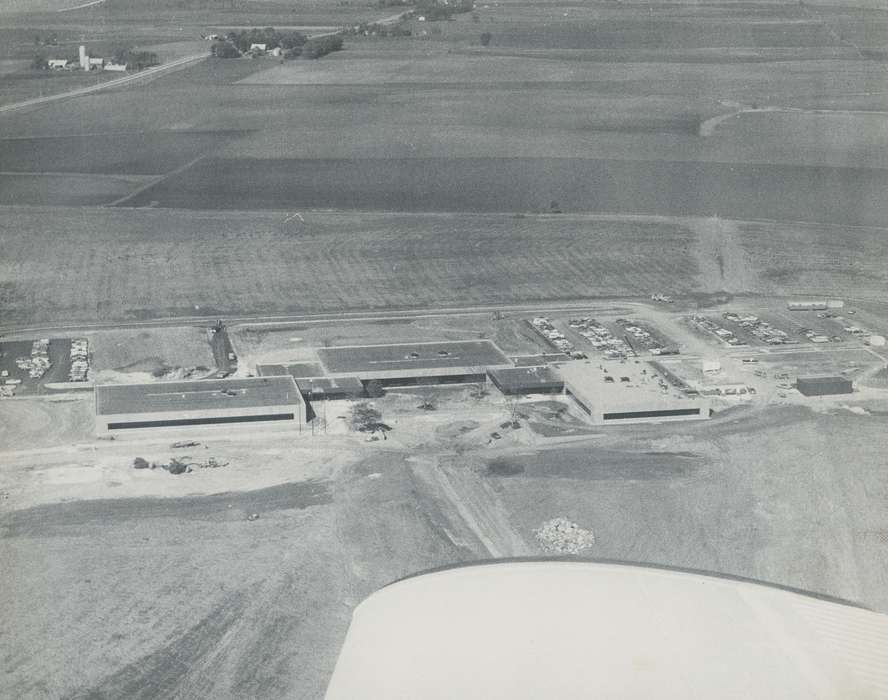 history of Iowa, Iowa History, car park, Businesses and Factories, road, field, parking lot, Waverly, IA, Aerial Shots, silo, Iowa, correct date needed, Waverly Public Library