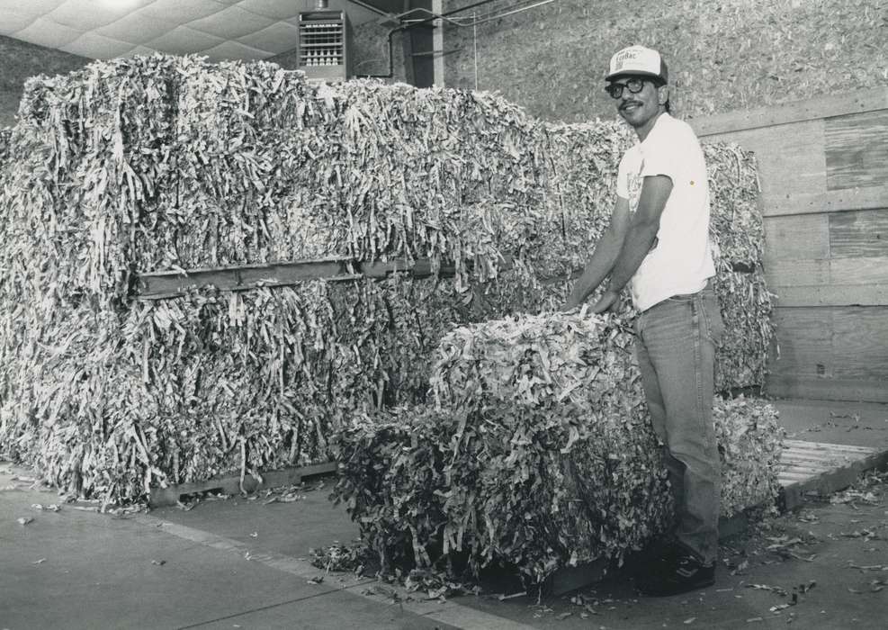 history of Iowa, Portraits - Individual, Iowa History, paper, wood pallet, Waverly, IA, glasses, bales, Iowa, baseball cap, Waverly Public Library, Labor and Occupations
