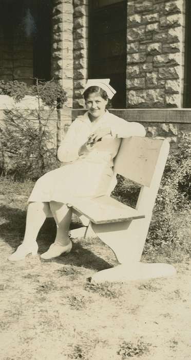 Hatcher, Cecilia, history of Iowa, Portraits - Individual, Iowa History, nurse, Iowa, Anamosa, IA, Hospitals, bench, Labor and Occupations