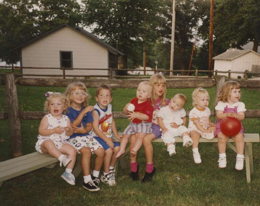 Portraits - Group, boy, Iowa, ball, Early, IA, Families, Children, bench, Johnson, Mary, Homes, toddler, girl, history of Iowa, Iowa History