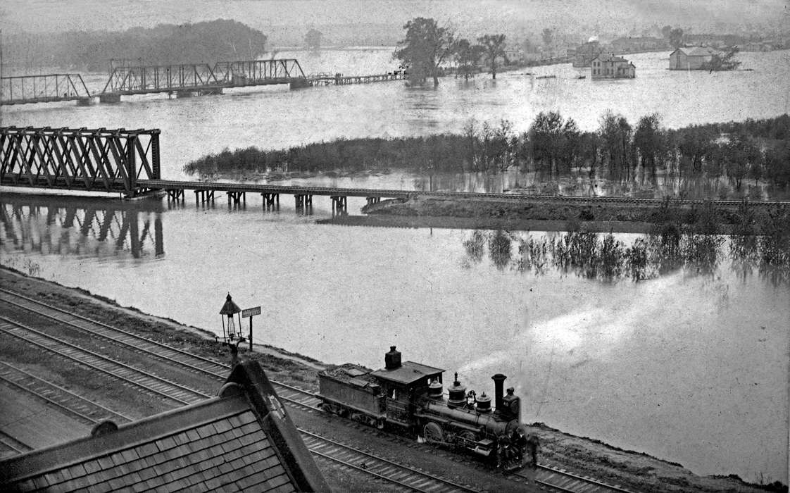 Landscapes, train, Ottumwa, IA, Iowa, Iowa History, river, Lakes, Rivers, and Streams, Lemberger, LeAnn, Cities and Towns, train track, bridge, history of Iowa, Floods, steam