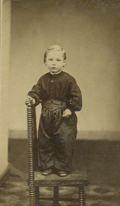 boy, carte de visite, Iowa, child, chairs, patterned carpet, Children, Olsson, Ann and Jons, Portraits - Individual, Manchester, IA, blouse, history of Iowa, Iowa History