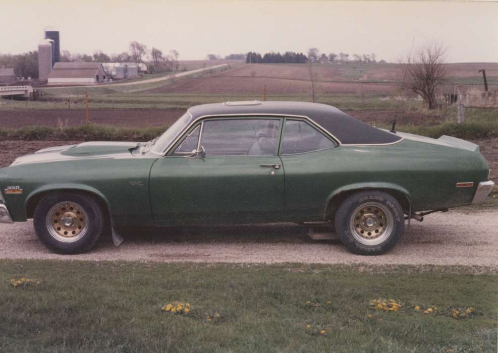 green, Cleghorn, IA, history of Iowa, Zubrod, Kevin and Deanna, Motorized Vehicles, Iowa, car, field, chevrolet, Iowa History, nova