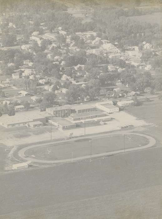 history of Iowa, Iowa History, building, Aerial Shots, Janesville, IA, Iowa, tree, correct date needed, school, Waverly Public Library, football field