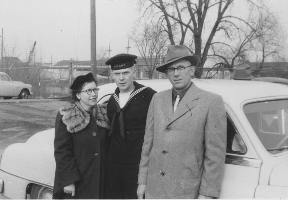 Portraits - Group, Military and Veterans, history of Iowa, uniform, Iowa History, Owens, Lois, car, Wilton, IA, Iowa, navy
