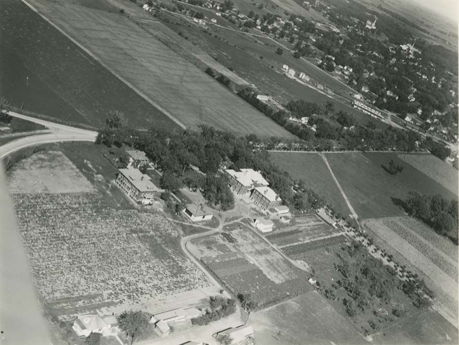 history of Iowa, Iowa History, Businesses and Factories, road, trees, brick building, farmland, Waverly, IA, Aerial Shots, Iowa, Landscapes, correct date needed, Waverly Public Library