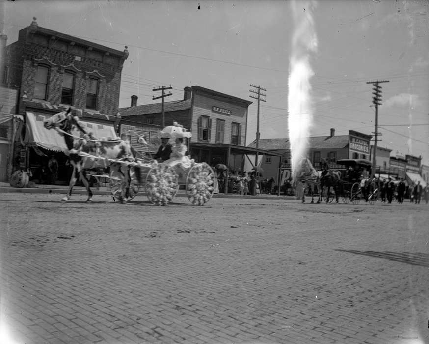 Main Streets & Town Squares, history of Iowa, Iowa History, parade, Animals, Fairs and Festivals, wagon, umbrella, Iowa, Cities and Towns, horse, Waverly Public Library