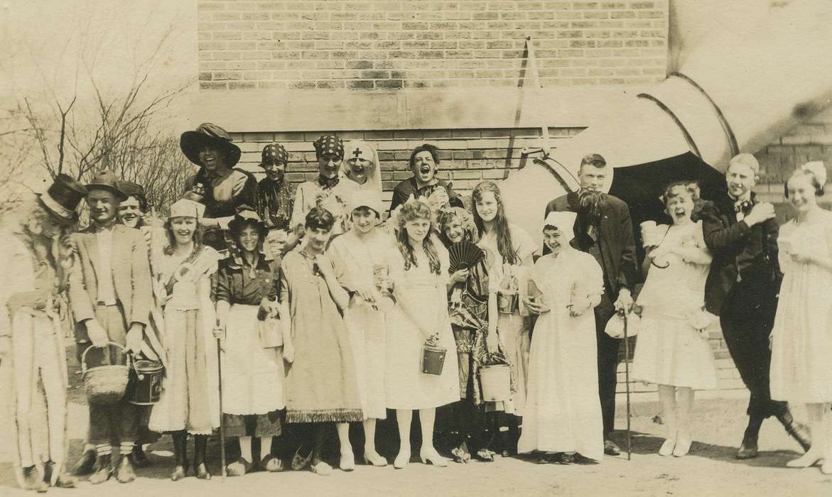 Portraits - Group, high school, Iowa, Iowa History, umbrella, Anamosa, IA, Hatcher, Cecilia, theater, history of Iowa, costume