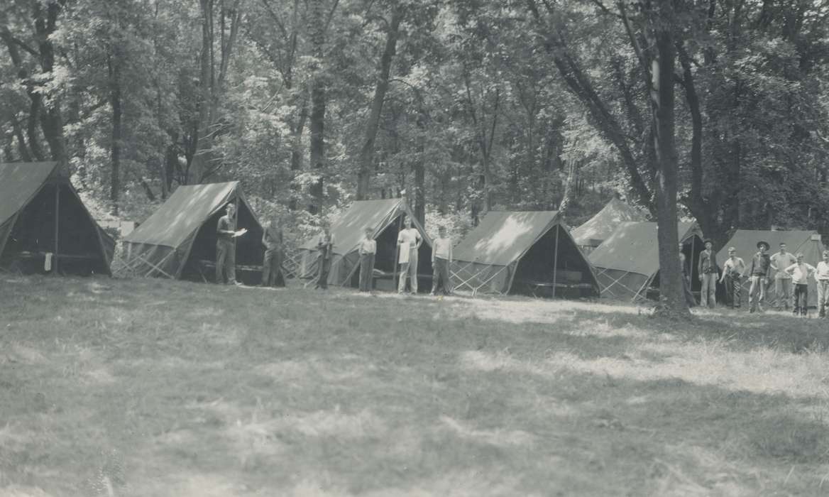 Portraits - Group, boy scouts, history of Iowa, Iowa History, Webster County, IA, McMurray, Doug, Iowa, Outdoor Recreation, tents, Children, camping