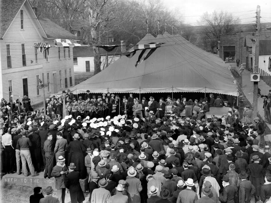 flag, Military and Veterans, history of Iowa, band, Iowa History, crowd, speaker, Fairs and Festivals, tent, veteran, Melrose, IA, Iowa, Lemberger, LeAnn, speech