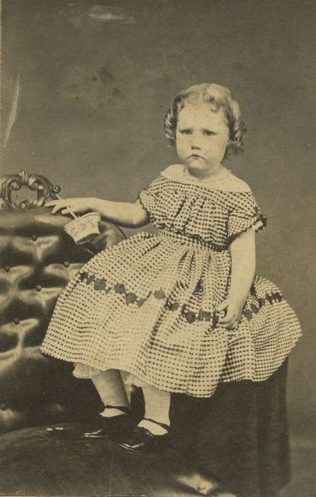 child, curls, Waterloo, IA, Iowa History, girl, history of Iowa, carte de visite, pantaloons, Portraits - Individual, Iowa, Olsson, Ann and Jons, necklace, Children, armchair