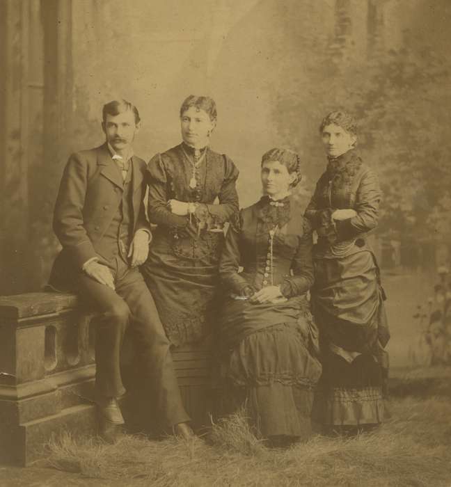 Portraits - Group, vest, bow tie, history of Iowa, Iowa History, IA, Adam, Susan, woman, man, Iowa, painted backdrop, mustache, dress, frock coat, suit