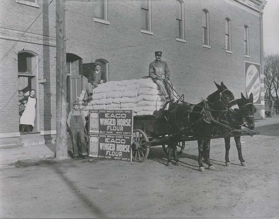 Portraits - Group, Detmering, Linda, marketing, Businesses and Factories, Animals, yoke, baked goods, winged horse, flour, horse, driver, Lake City, IA, baking, men, history of Iowa, advertisement, delivery, Iowa History, wagon, Iowa, delivery service, overalls, Labor and Occupations