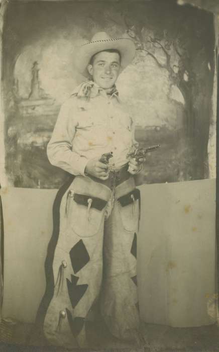 Lemberger, LeAnn, cowboy costume, Iowa History, Iowa, history of Iowa, cowboy hat, Portraits - Individual, chaps, Ottumwa, IA, gun, cowboy