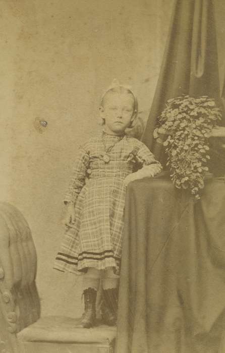 carte de visite, Iowa, child, chairs, Iowa History, Children, Burlington, IA, Olsson, Ann and Jons, Portraits - Individual, dress, girl, history of Iowa, ribbon, pantaloons