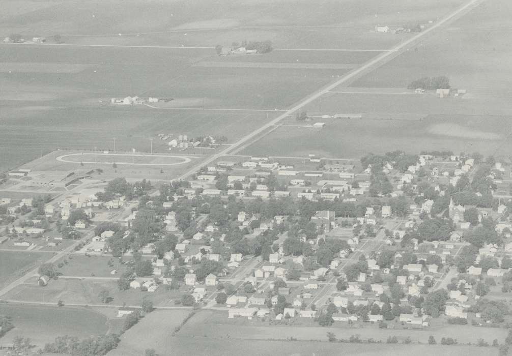 Aerial Shots, history of Iowa, tree, Iowa, field, correct date needed, building, Waverly Public Library, Iowa History, Tripoli, IA, road