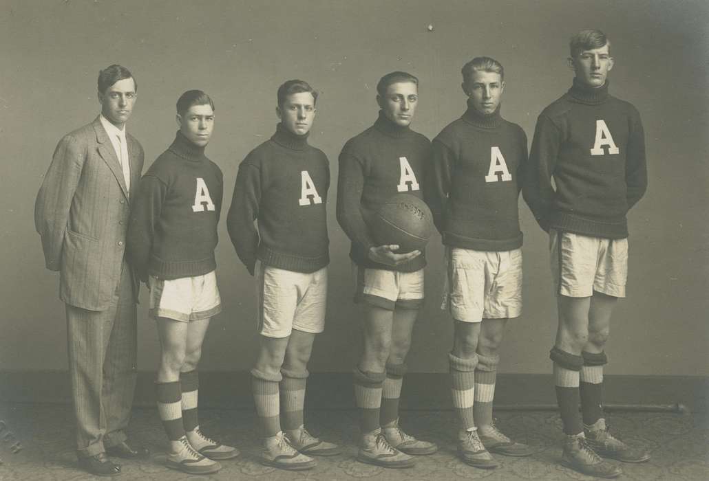 Portraits - Group, history of Iowa, uniform, Iowa History, coach, basketball, basketball team, Iowa, Anamosa, IA, Hatcher, Cecilia