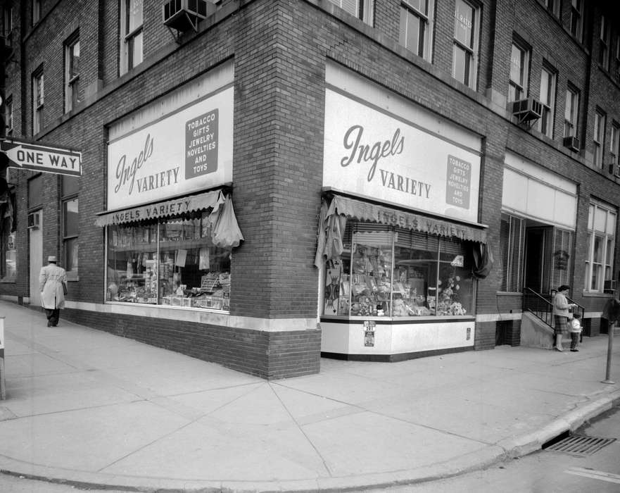 history of Iowa, Iowa History, sewage grate, Ottumwa, IA, Lemberger, LeAnn, storefront, Businesses and Factories, display case, Iowa, Cities and Towns, sign, Children, air conditioner