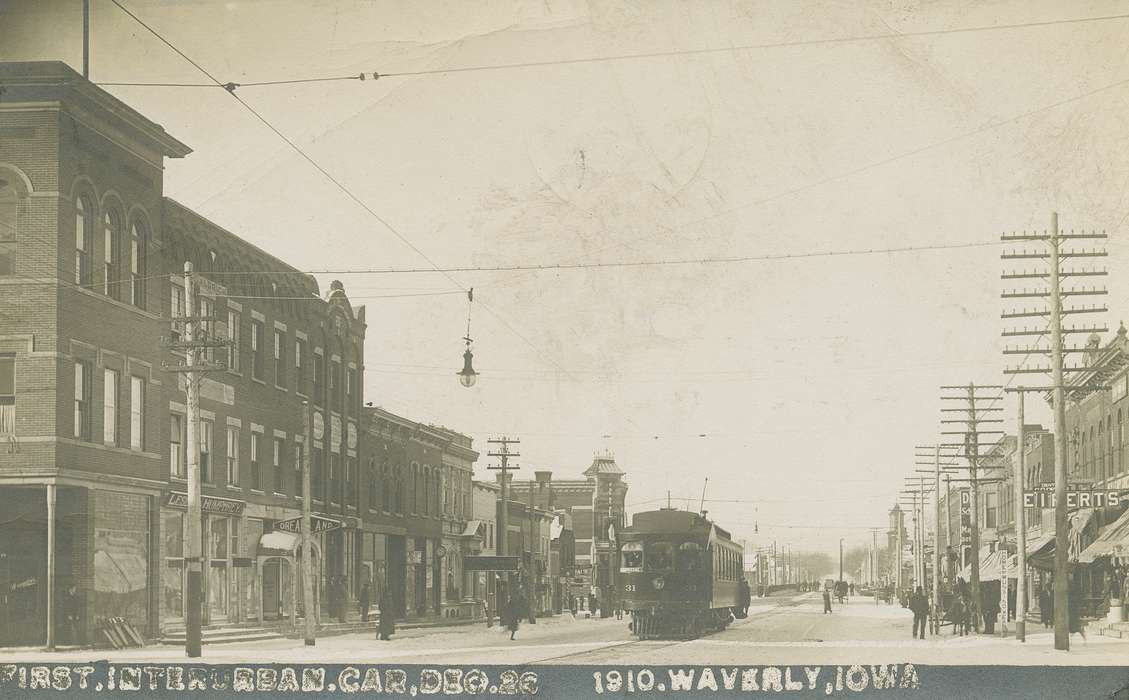 history of Iowa, Businesses and Factories, Waverly, IA, Waverly Public Library, Main Streets & Town Squares, Iowa, main street, business, Iowa History, Cities and Towns, street car