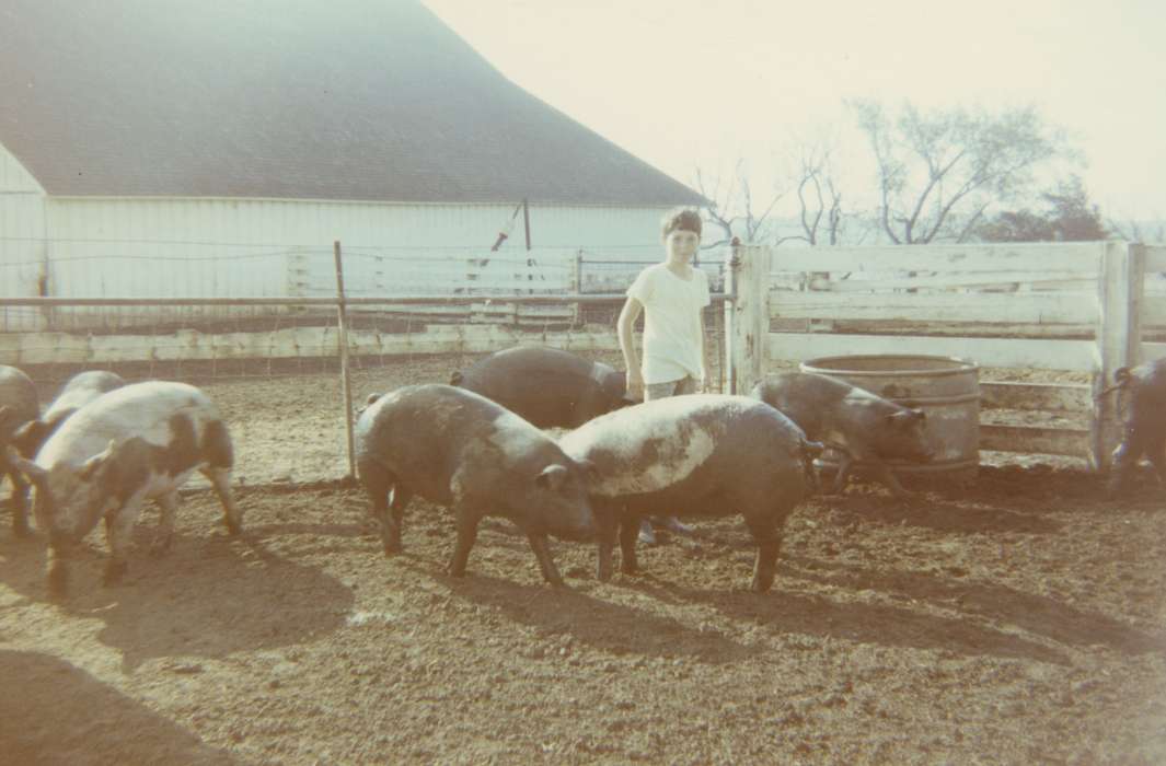 pig, McDermott, Shirley and Anne Marie, Portraits - Individual, Animals, pigpen, Barns, Iowa, Atlantic, IA, Iowa History, hog, Farms, Children, history of Iowa