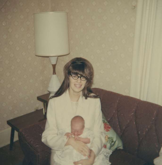 Portraits - Group, history of Iowa, Iowa History, Families, newborn, glasses, couch, Iowa, living room, McSwain, Erna, Homes, bangs, Children, baby, Des Moines, IA