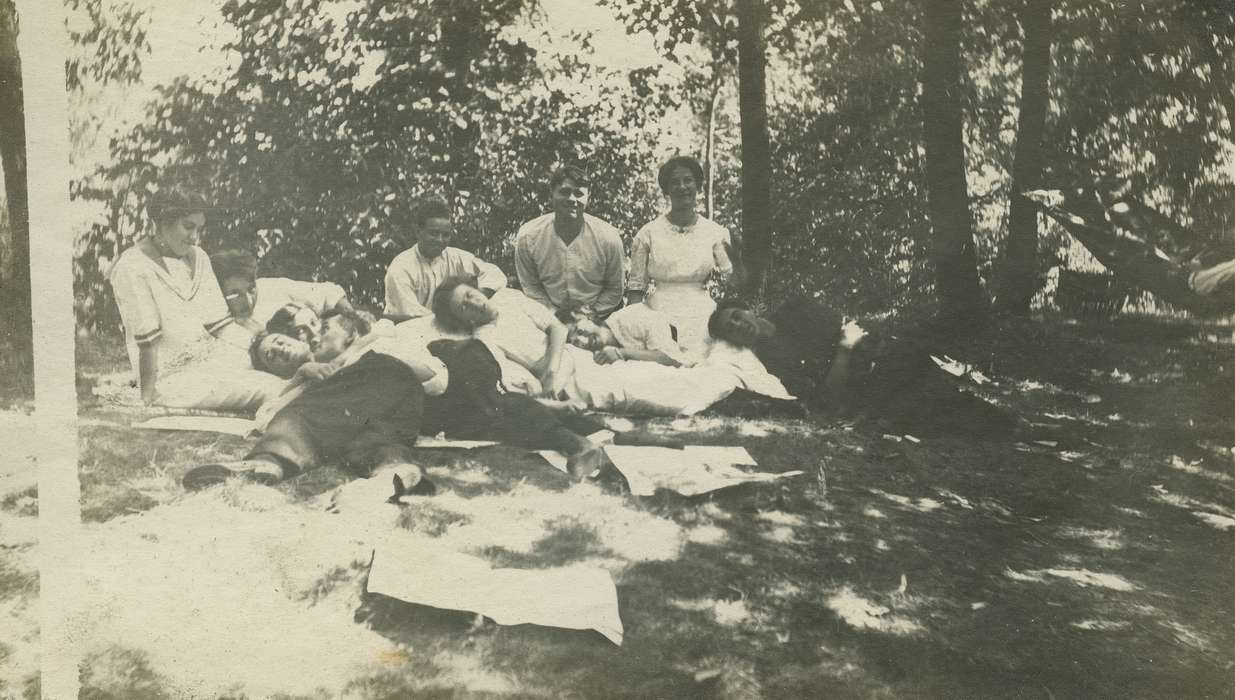 Portraits - Group, IA, Iowa, friends, Leisure, LeQuatte, Sue, sleeping, history of Iowa, hammock, lawn, Iowa History