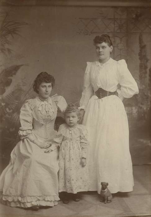 Portraits - Group, Families, girl, child, toy, corset, siblings, cabinet photo, ruffles, women, history of Iowa, Iowa History, Olsson, Ann and Jons, floor cloth, lace collar, Iowa, painted backdrop, Davenport, IA, dog