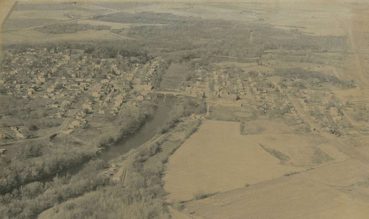 Aerial Shots, history of Iowa, Iowa, Lakes, Rivers, and Streams, field, correct date needed, building, Iowa History, Waverly Public Library, Shell Rock, IA, river, tree