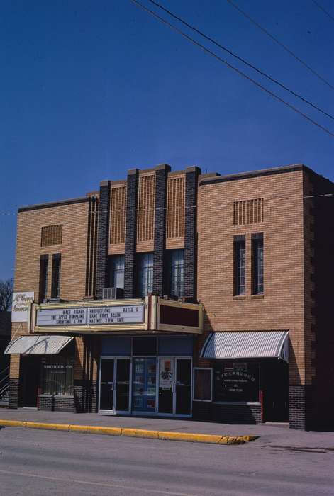 Cities and Towns, brick building, awning, storefront, mainstreet, Main Streets & Town Squares, Library of Congress, Iowa, history of Iowa, Iowa History, Businesses and Factories, movie theater, marquee