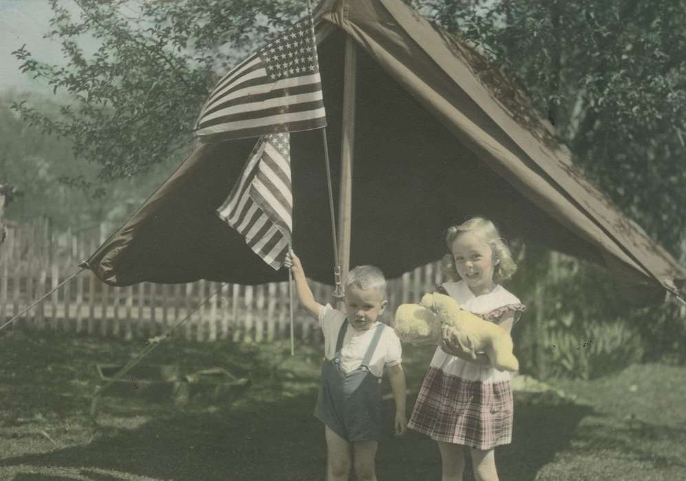 Iowa, tent, american flag, Webster City, IA, colorized, McMurray, Doug, Children, Portraits - Individual, history of Iowa, Holidays, flag, birthday, Iowa History